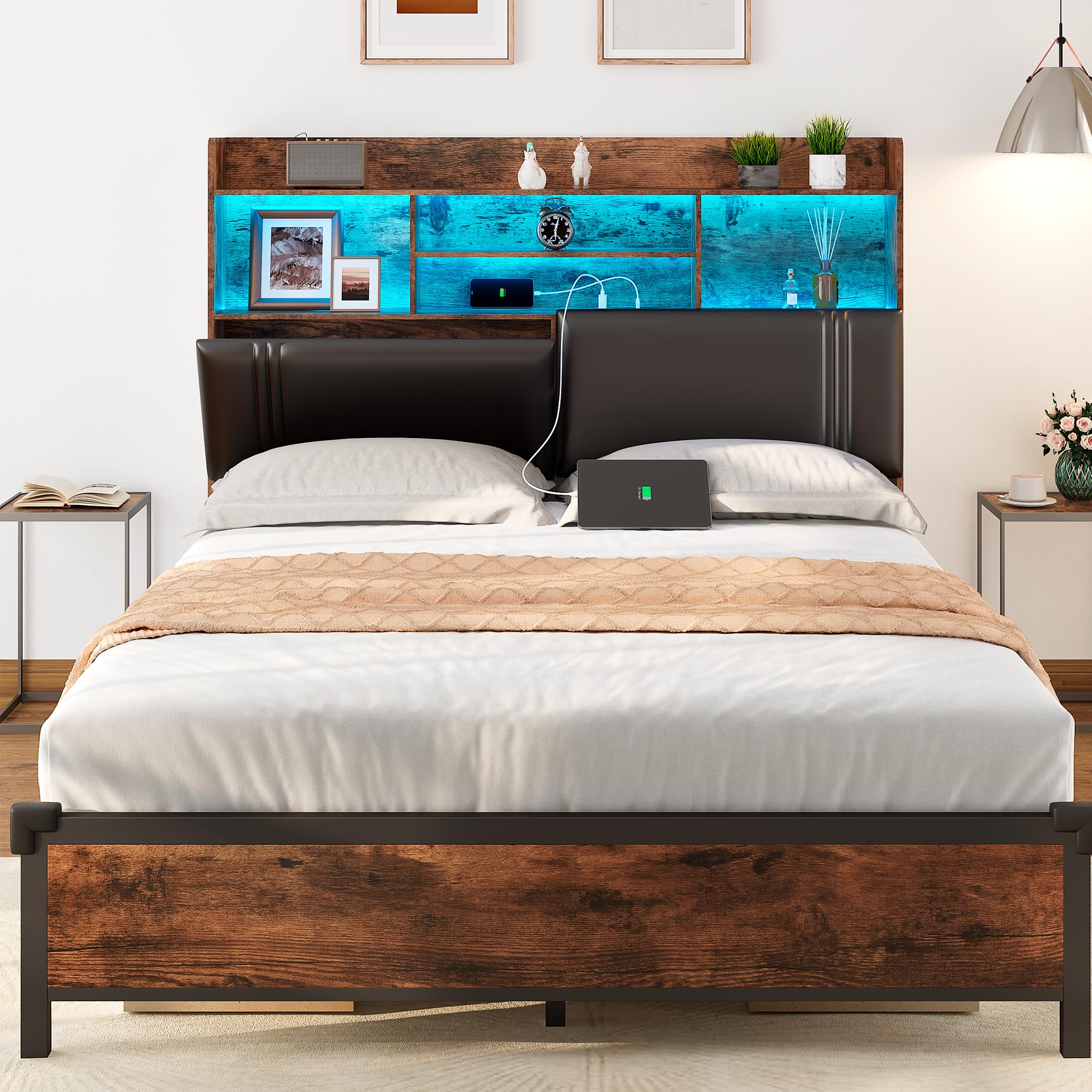 MUZZ Queen Bed Frame with High Headboard, Upholstered Platform Bed with