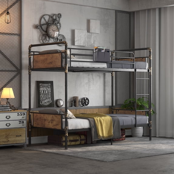 Alohappy Twin Over Twin Bunk Bed, Convertible Twin Bunk Beds Into 2 Individual Bed, Removable Ladder & Safety Guard Rail for Kids, Modern Industrial Style, Easy Assembly, No Box Spring Needed (Brown)