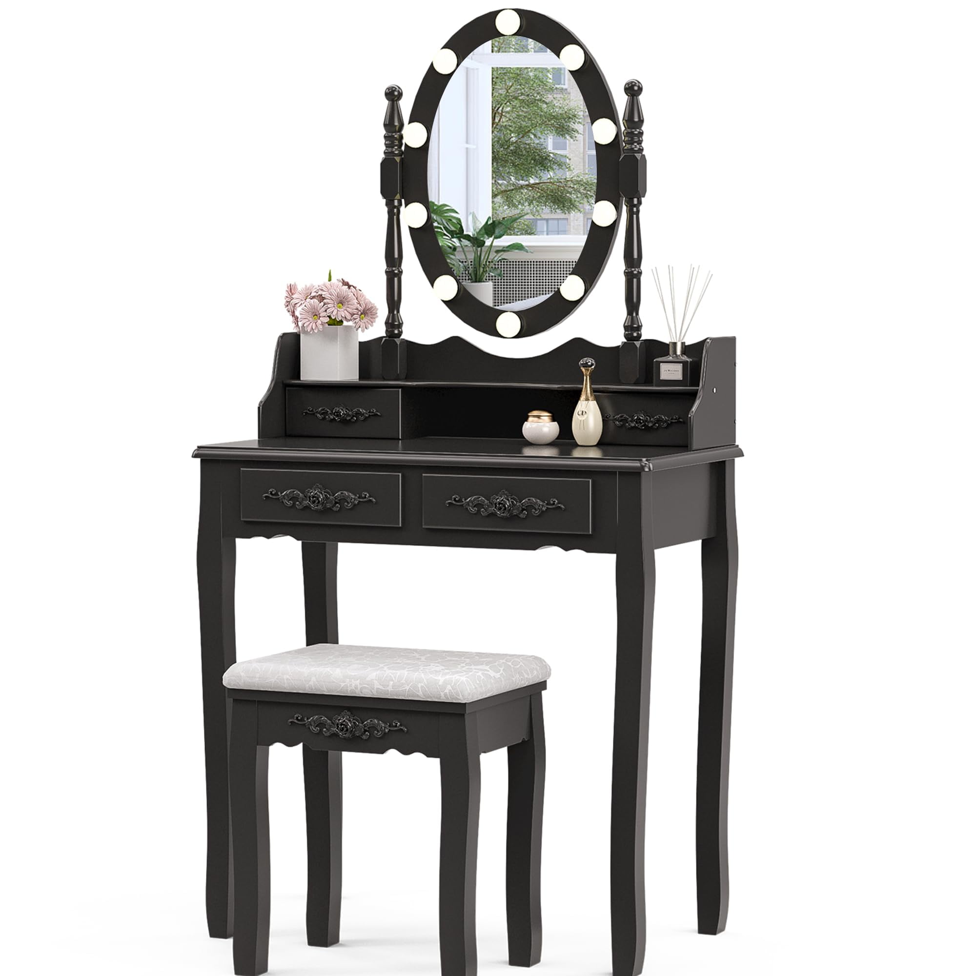 Alohappy Vanity Desk Set with Lighted Mirror, Black Makeup Dressing