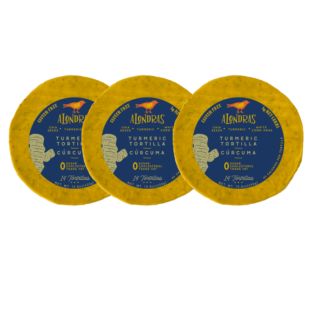Alondras low carb corn tortilla Curcuma made from turmeric, chia seeds