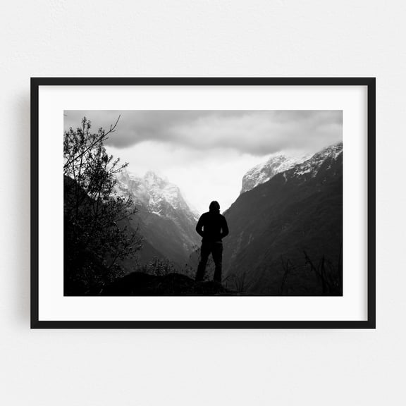 Alone with the Himalayas - Ghandruk Gandaki Province Nepal Photography Black and White Silhouette Mountain Scenic Nature Wilderness Landscape Black Framed Wall Art Print 5 x 7 inches