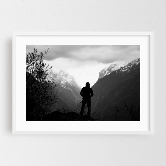 Alone with the Himalayas - Ghandruk Gandaki Province Nepal Photography Black and White Silhouette Mountain Scenic Nature Wilderness Landscape White Framed Wall Art Print 16 x 24 inches
