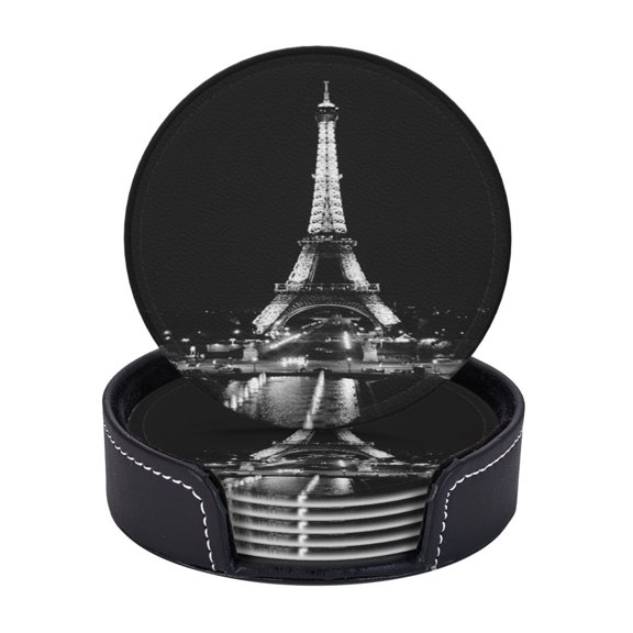Alone With The Tower Paris, France Coasters With Leather Holder Set Of 6 Round Coasters for Home and Kitchen Decor