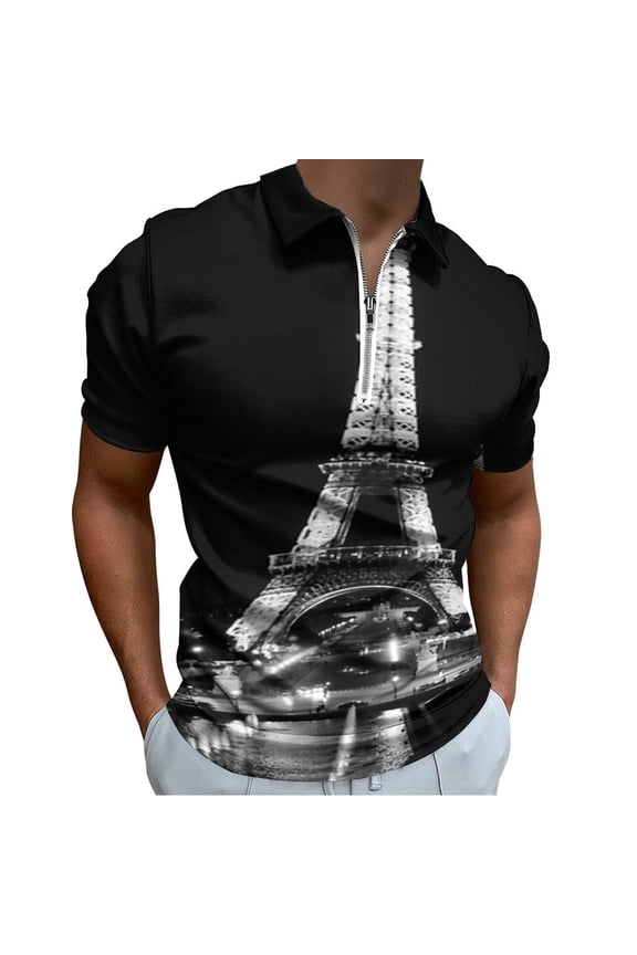 Alone with The Tower Paris, France Men Zipper T-shirt Summer Casual Short Sleeve T-shirt Top