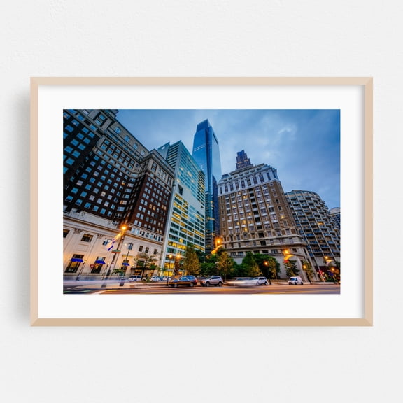 Along the Ben Franklin Parkway - Philadelphia Pennsylvania Photography City Skyline Architecture Nightlife Street Photography Travel Poster Oak Framed Wall Art Print 5 x 7 inches