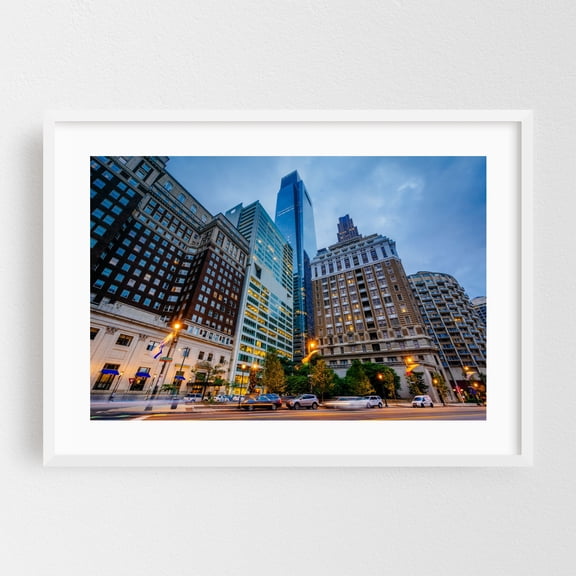 Along the Ben Franklin Parkway - Philadelphia Pennsylvania Photography City Skyline Architecture Nightlife Street Photography Travel Poster White Framed Wall Art Print 5 x 7 inches