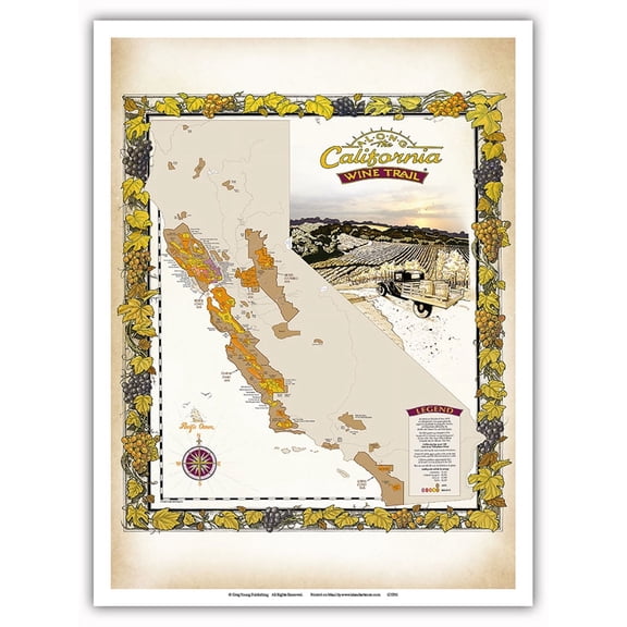 Along the California Wine Trail Map - American Viticultural Areas (AVA) - California Vineyards Wine Country Art c.2017 - Master Art Print (Unframed) 9in x 12in
