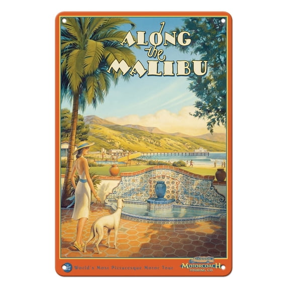 Along the Malibu - California Coast Highway - Motorcoach Touring Company - Vintage Travel Poster by Kerne Erickson - 8 x 12 inch Vintage Metal Tin Sign