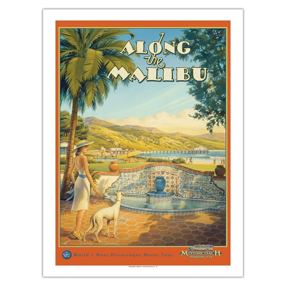 Along the Malibu - California Coast Highway - Motorcoach Touring Company - Vintage Travel Poster by Kerne Erickson - Fine Art Matte Paper Print (Unframed) 24x32in