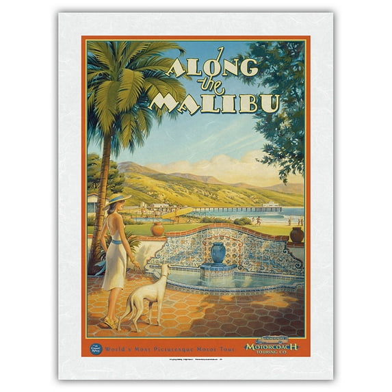 Along the Malibu - California Coast Highway - Motorcoach Touring Company - Vintage Travel Poster by Kerne Erickson - Japanese Unryu Rice Paper Art Print 24 x 32 in