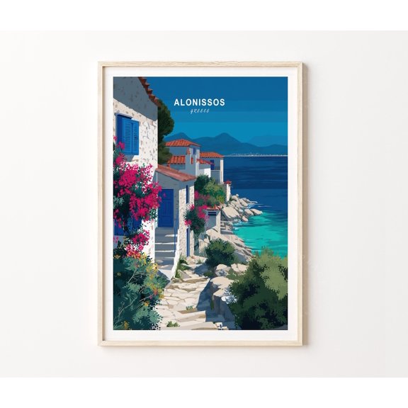 Alonissos Greece Coastal Modern Mediterranean Wall Art, Unframed Canvas 12x16in