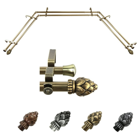 Alonzo 13/16" Bay Window Double Curtain Rod 20"-36", 38"-72" - Antique Brass