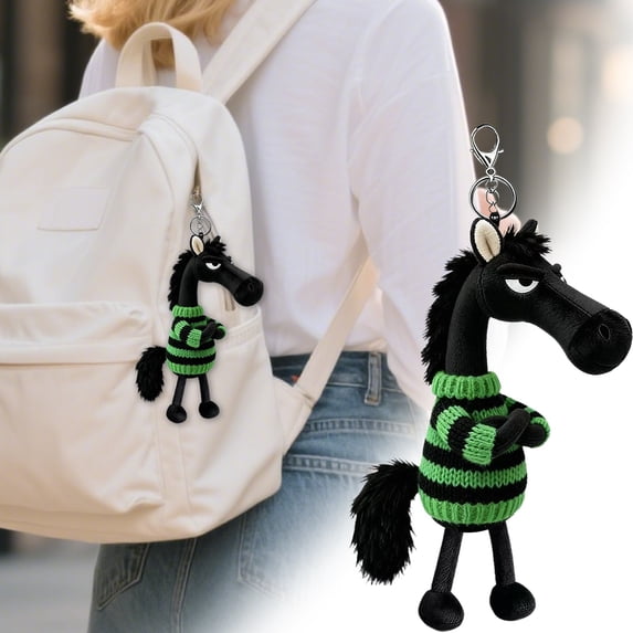 Aloof Black Horse Keychain, 8'' Green Striped Sweater Horse Plush Keychain Soft Stuffed Animal Key Chain, Bag Charms for Women Girls Teens, Cool Purse Charms for Handbags Car Keys, Gifts for Women