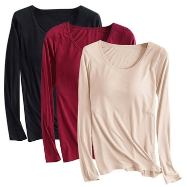 Aloohaidyvio 2 Pack Womens Basic Long Sleeve T Shirts, Crewneck Slim Fit Spandex Tops, Plain Layer Underscrub Tees with Built in Bra Beige L