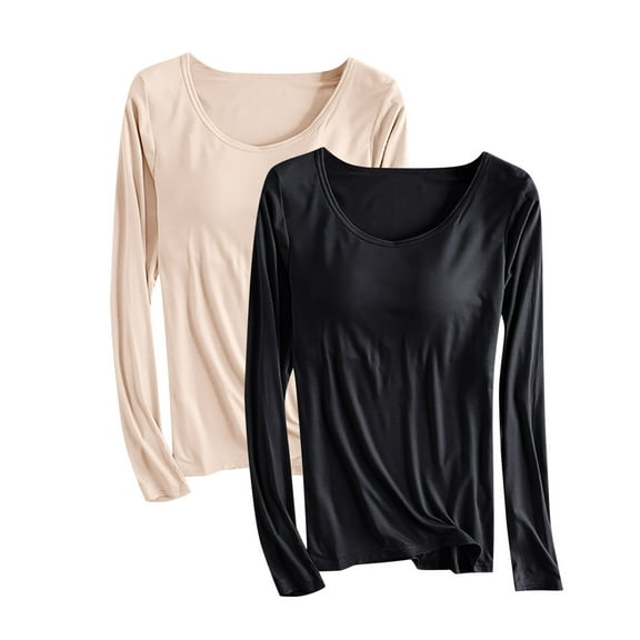 Aloohaidyvio 2 Pack Womens Long Sleeve Shirts Going Out Stretch Tops Crew Neck Tops Slim Fit T shirts with Built in Bra Beige S