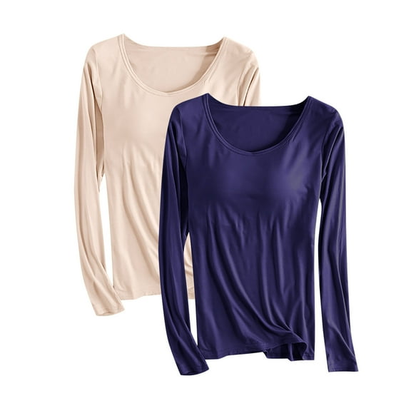 Aloohaidyvio 2 Pack Womens Long Sleeve Shirts Going Out Stretch Tops Crew Neck Tops Slim Fit T shirts with Built in Bra Navy 2XL