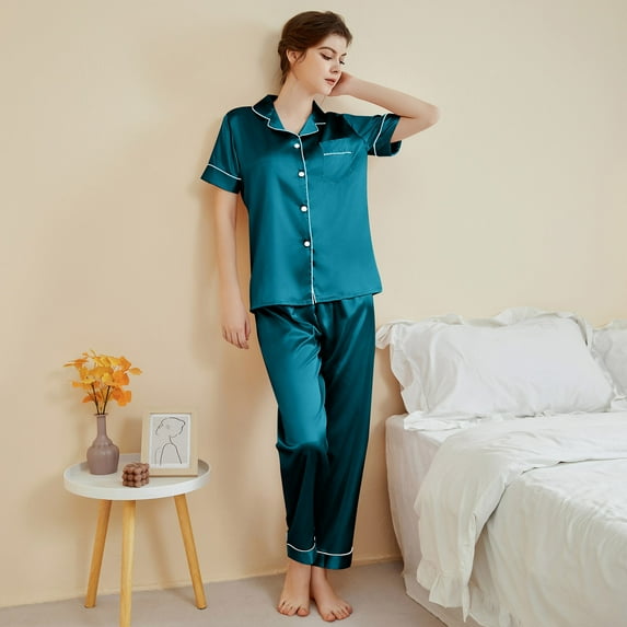 Aloohaidyvio 2 Pack Womens Silk Satin Pajama Sets Button Down Sleepwear Short Sleeve Top and Pants Soft Pjs Lounge Set Sizes L