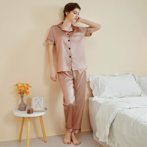 Aloohaidyvio 2 Pack Womens Silk Satin Pajama Sets Button Down Sleepwear Short Sleeve Top and Pants Soft Pjs Lounge Set Sizes L