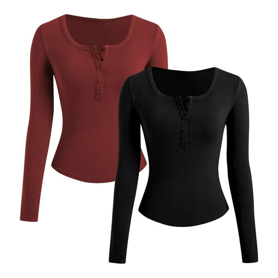 Aloohaidyvio 2 Packs Womens Long Sleeve Shirts Casual Fall Henley Top Button Down Blouses Basic Ribbed Knit T Shirts Black 2XL