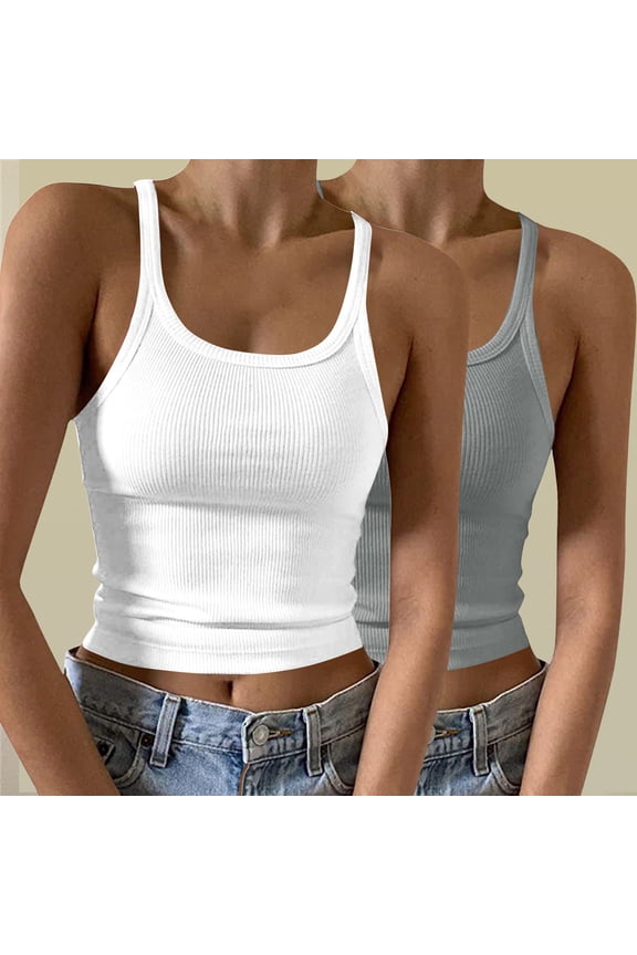 2 Pcs Women Scoop Neck Spaghetti Strap Crop Camisole Summer Basic Ribbed Tank Tops Sleeveless Slim Fit Cami 2024