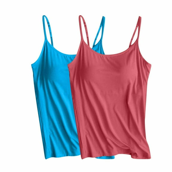 Aloohaidyvio 2 Pcs Women's Built in Bra Tank Tops 2024 Summer Adjustable Spaghetti Strap Cami Sleeveless Tops