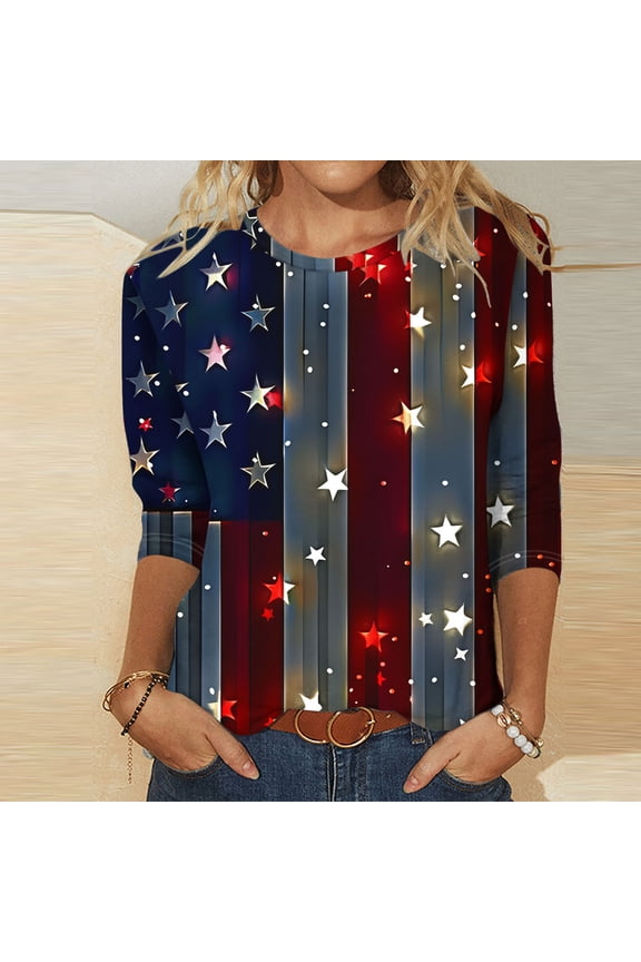 2024 4th of July Shirt for Women,Vintage American Flag 3/4 Sleeve Tops,Independence Day Round Neck Patriotic Loose T-shirt