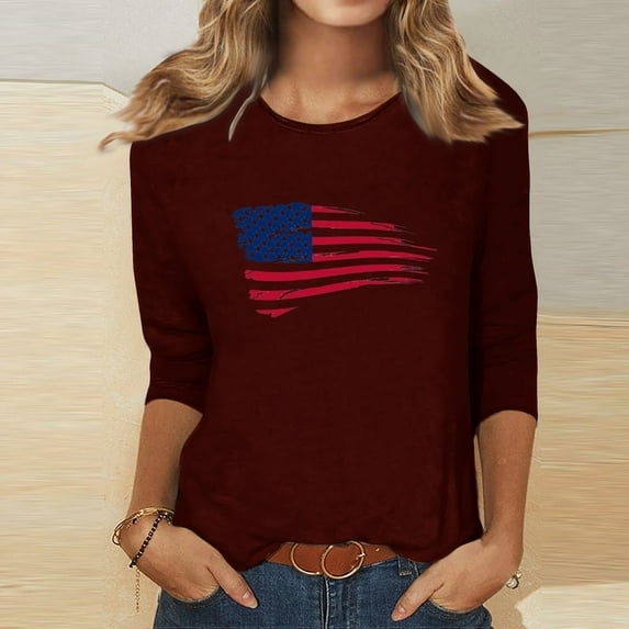 Aloohaidyvio 2024 4th of July Shirt for Women,Vintage American Flag 3/4 Sleeve Tops,Independence Day Round Neck Patriotic Loose T-shirt