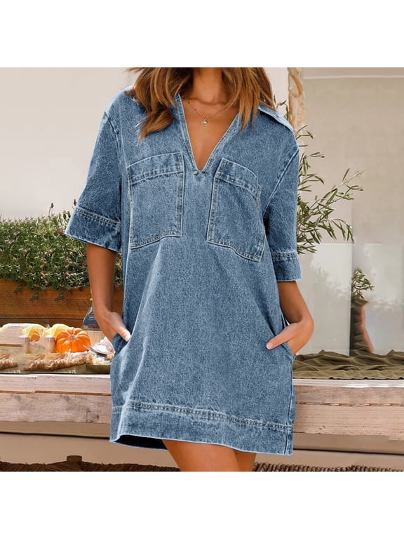 2024 Denim Dress for Women,Blue Denim Dress Summer Deep V Half Sleeve Casual Loose Collared Shift Mini Jean Dress with Pockets