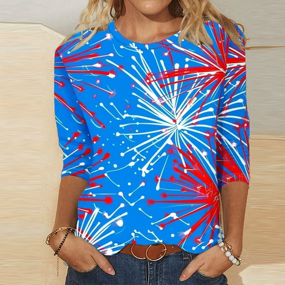 Aloohaidyvio 2024 Independence Day Tops for Women,3/4 Sleeve Vintage American Flag Shirt,4th of July Summer Patriotic Loose T-shirt