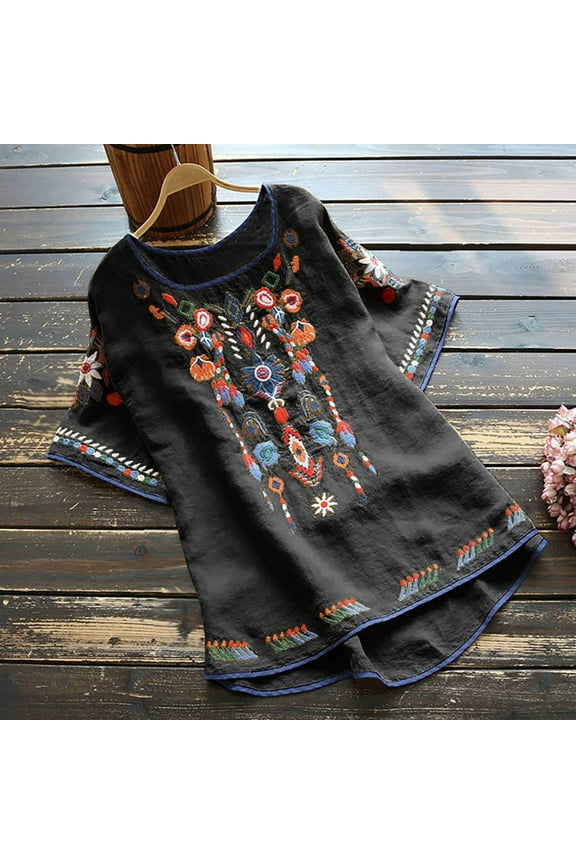 2024 Mexican Shirts Peasant Blouses Cotton Embroidered 3/4 Sleeve Bohemian Tops Boho Clothes for Women Summer Fiesta
