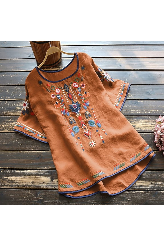2024 Mexican Shirts Peasant Blouses Cotton Embroidered 3/4 Sleeve Bohemian Tops Boho Clothes for Women Summer Fiesta