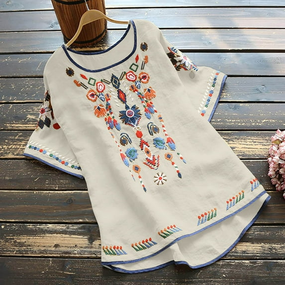 Aloohaidyvio 2024 Mexican Shirts Peasant Blouses Cotton Embroidered 3/4 Sleeve Bohemian Tops Boho Clothes for Women Summer Fiesta