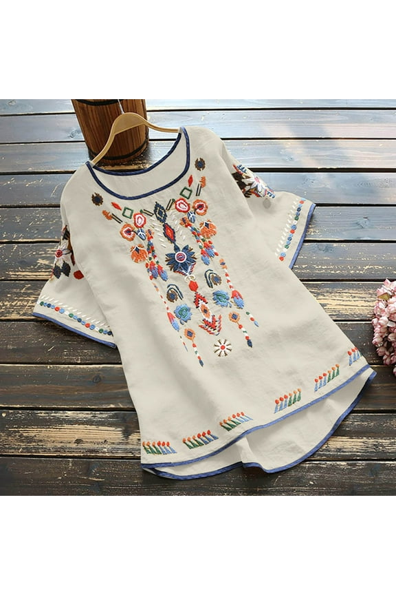 2024 Mexican Shirts Peasant Blouses Cotton Embroidered 3/4 Sleeve Bohemian Tops Boho Clothes for Women Summer Fiesta