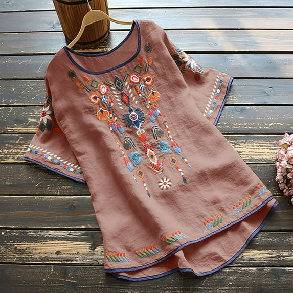 Aloohaidyvio 2024 Mexican Shirts Peasant Blouses Cotton Embroidered 3/4 Sleeve Bohemian Tops Boho Clothes for Women Summer Fiesta