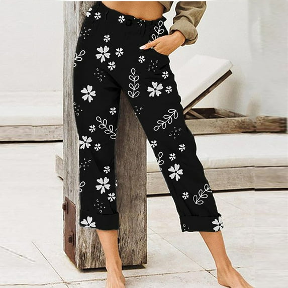 Aloohaidyvio 2024 Summer Pants Plus Size,Women's Printing Straight Leg All-Match Casual Pants 7-Point Pants Plus Size