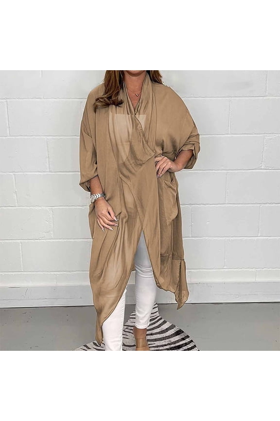 2024 Summer Plus Size,Ladies Solid Chiffon Long Loose Breathable Cardigan Coat