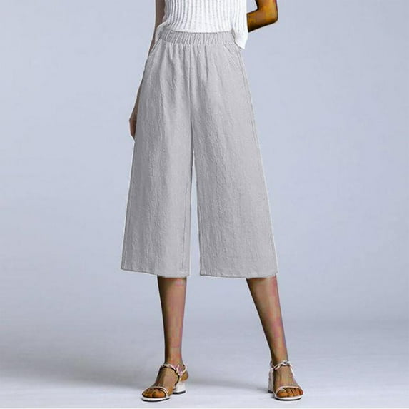 Aloohaidyvio Summer Shorts ,Womens Solid Color Casual Loose Broad Leg Straight Barrel Cotton Linen Capris Pants