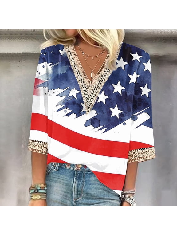 2024 USA Flag for Women Plus Size Shirts,Independence Day Tops for Women,4th of July Summer Patriotic Loose T-shirt