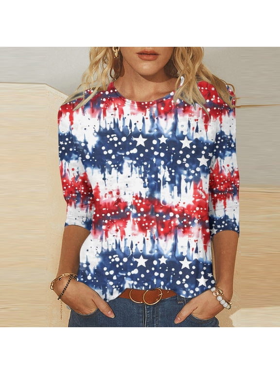 2024 USA Flag for Women Plus Size Shirts,Independence Day Tops for Women,4th of July Summer Patriotic Loose T-shirt