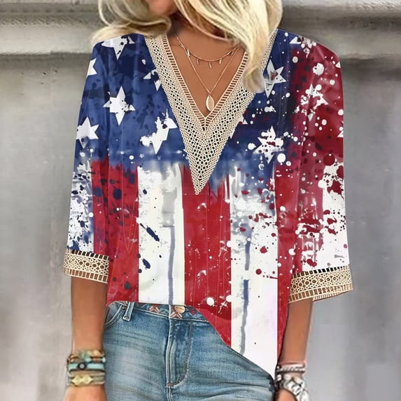 Aloohaidyvio 2024 USA Flag for Women Plus Size Shirts,Independence Day Tops for Women,4th of July Summer Patriotic Loose T-shirt
