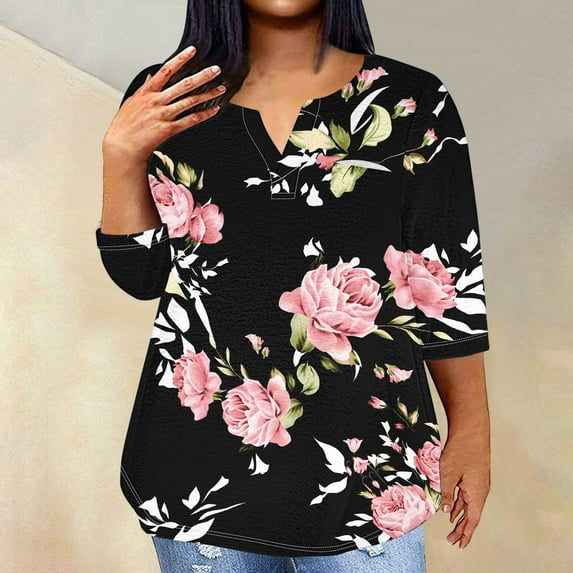Aloohaidyvio 2024 Womens Spring Tops Dressy Casual 3/4 Length Bell Sleeve Shirts Plus Size V Neck Tunic Blouses 5XL