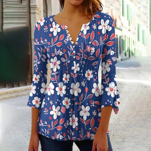 Aloohaidyvio 3/4 Sleeve Shirts for Women,Womens V Neck Boho 3/4 Sleeve Tops Basic Button Floral Ruffle Sleeve T-Shirts Loose Cute Tunic Tee Blouses Fit Pullover