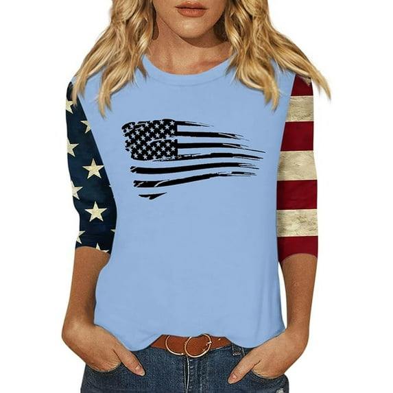 Aloohaidyvio 3/4 Sleeve Shirts for Women,3/4 Sleeve Patriotic Shirts for Women Dressy Tunic Tops Round Neck Loose Fit Pullover Blouses & Basic Tees