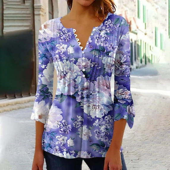 Aloohaidyvio 3/4 Sleeve Shirts for Women,Women's Casual Floral 3/4 Sleeve T-Shirts V Neck Ruffle Sleeve Tunic Tops Boho Button Basic Tees Blouses