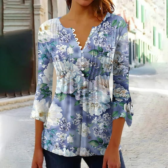 Aloohaidyvio 3/4 Sleeve Shirts for Women,Women's Casual Floral 3/4 Sleeve T-Shirts V Neck Ruffle Sleeve Tunic Tops Boho Button Basic Tees Blouses