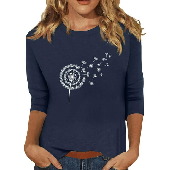 Aloohaidyvio 3/4 Sleeve Shirts for Women,Womens Round Neck Soft 3/4 Sleeve Tops Trendy Basic T-Shirts Loose Cute Tunic Tee Blouses Fit Pullover