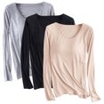 thumbnail image 1 of Aloohaidyvio 3 Pack Long Sleeve Shirts for Women Casual Soft Crewneck Basic Tee Tops with Built in Bra Beige 3XL, 1 of 2