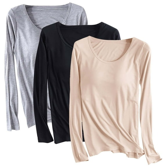 Aloohaidyvio 3 Pack Long Sleeve Shirts for Women Casual Soft Crewneck Basic Tee Tops with Built in Bra Beige 3XL