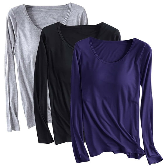 Aloohaidyvio 3 Pack Long Sleeve Shirts for Women Casual Soft Crewneck Basic Tee Tops with Built in Bra Navy XL