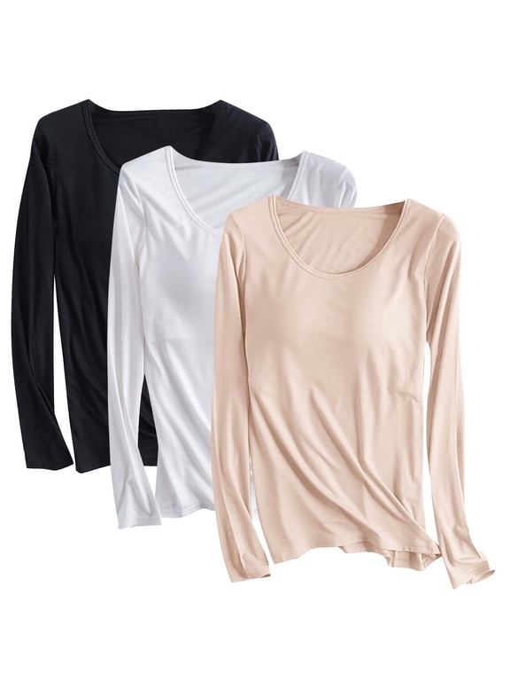3 Pack Womens Cotton Long Sleeve Shirts Workout Round Neck Casual Tops T-Shirt Plain Basic Soild Tee with Built in Bra Beige 2XL